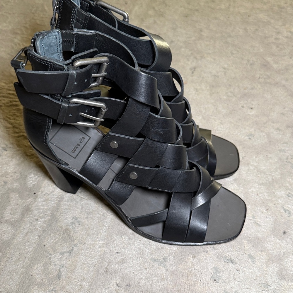 Dolce Vita Black Leather Strappy Block Heel Sandals size 8 - Picture 3 of 7